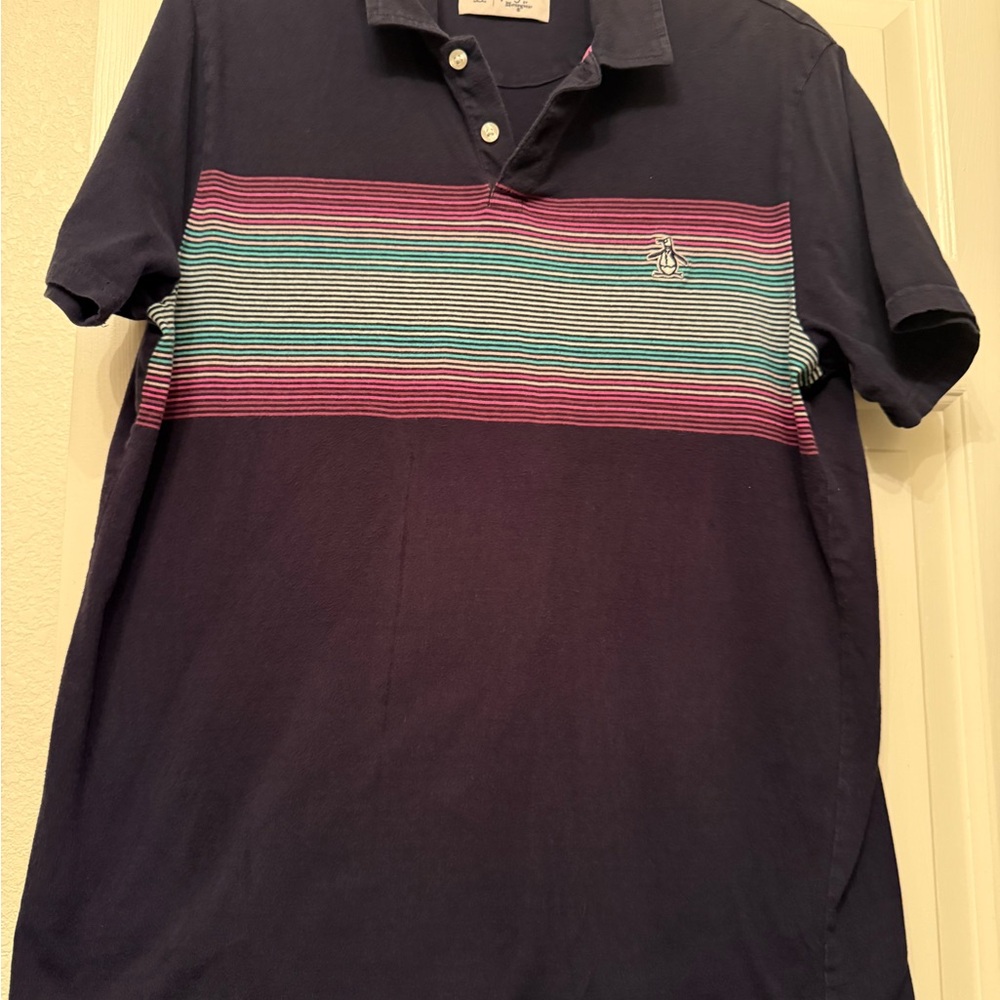 Original Penguin Navy Polo with Pink and Teal Stripe Chest